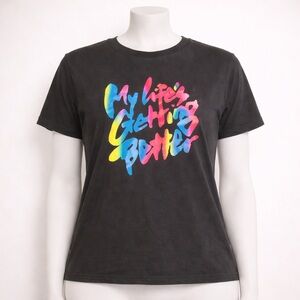 Black Graphic Tee with Neon Multicolor Script